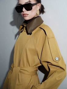 Lumivelle Manteau/veste longue/trench-coat élégant à double boutonnage avec patchwork col châle pour femmes - Multicolore - Voir 6