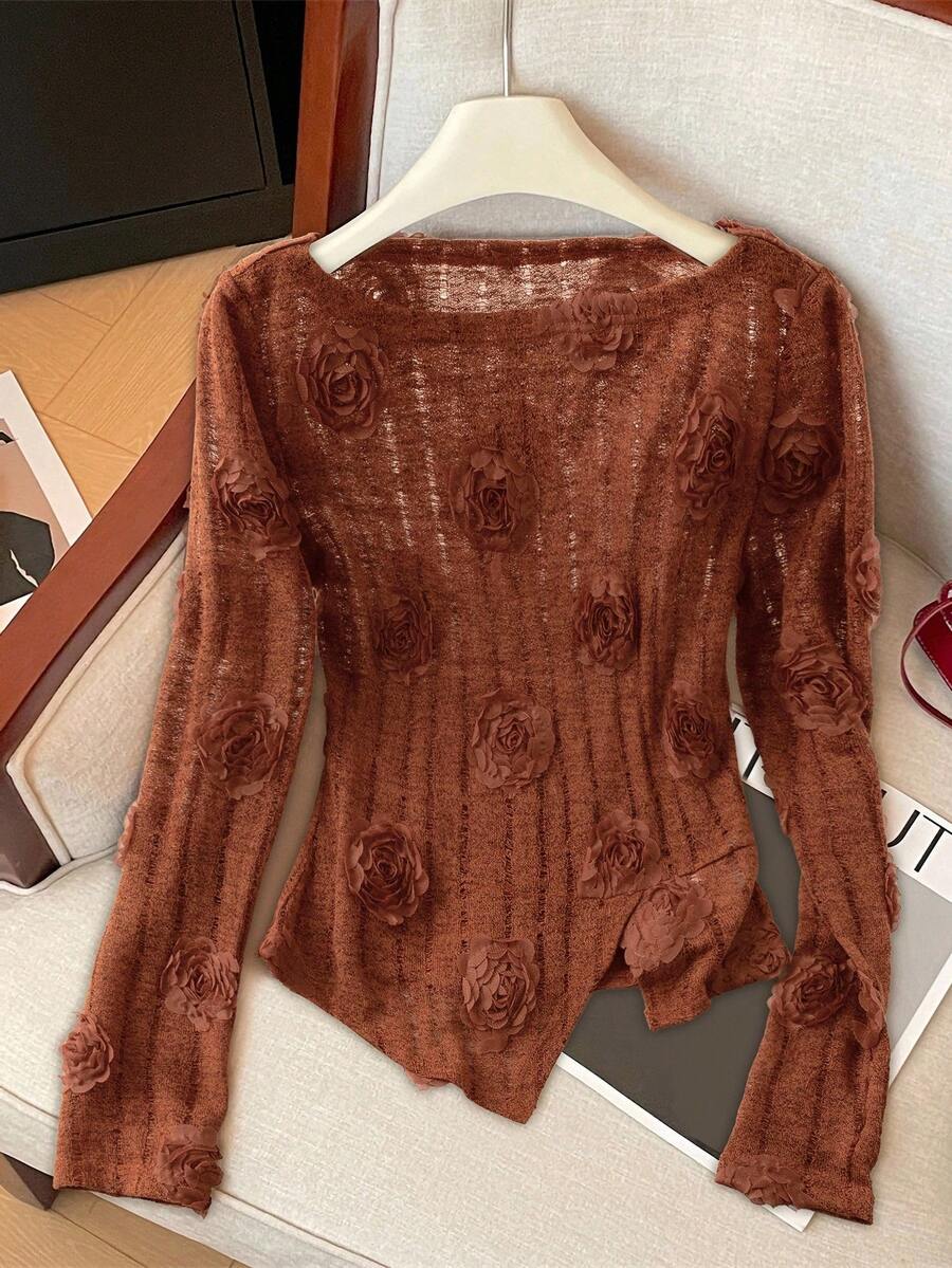 Franclia Asymmetrische, schöne Jacquard-Bluse mit Hohlmuster für Frauen (bestickter asymmetrischer Schnitt), Herbst