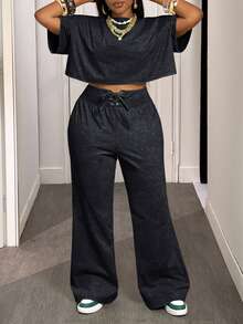 Slaydiva Bộ đồ hai mảnh nữ mùa hè và thu 2025 Áo thun ngắn tay cổ tròn rộng màu xanh lá cây đơn giản thoải mái + Quần ống rộng buộc eo, thích hợp cho du lịch hàng ngày, trở lại trường, tốt nghiệp - Màu xám đen - Xem 5