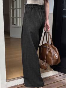 DAZY Women's Casual Solid Color Pleated Wide Leg Pants, Autumn/Winter - Dark Grey - View 2