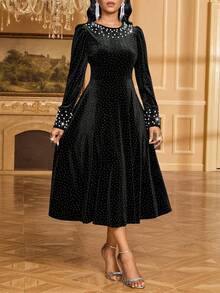 SHEIN Lady Váy dài tay đính ngọc trai trang trí cho nữ - màu đen - Xem 4