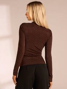 Glamine Damen Kaffeefarbe Strass Dekor Plissee Rundhals Langarm Slim Fit Basisschicht Top, geeignet für Frühling, Herbst & Winter - Kaffeebraun - Übersicht 5