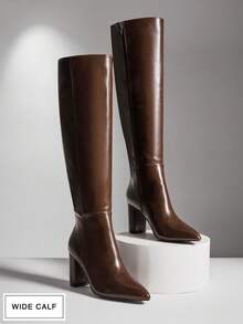 SHUZIA Botas altas hasta la rodilla con punta almendrada y tacón ancho para mujer - Café integral - Ver 2