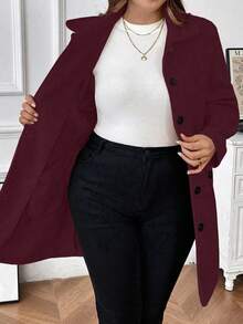 Plus Size Women's Solid Color Long Sleeve Single-Breasted Casual Pocket Woolen Coat, Autumn/Winter - Red - View 7