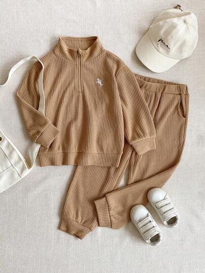 PrepCrw 2pcs Young Boys Elegant Urban Casual Khaki High Collar Half-Zip Knit Sweatshirt And Khaki Pants Set, Suitable For Casual, Outings, Gatherings, Autumn And Winter