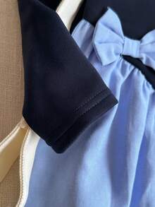 PrepCrw 2pcs Young Girls Elegant Urban School Style Outfit, Featuring Contrast Bow Accent Crew Neck Sweatshirt And Pants Set In Light Blue And Navy, Suitable For Back To School, Casual Outings, Gatherings, Holidays, Autumn And Winter,Judy Hopps Costume Kids Girl Navy Color Block T Shirt And Pants Set Matching Sets For Girls Blue Kids Outfit - Navy Blue - View 6