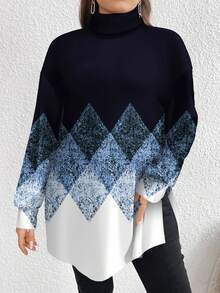 EMERY ROSE 大码格子几何图案高领长款T恤，春秋季