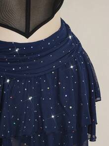 SHEIN ICON Plus Size Ruched Tie-Up High Slit Layered Glitter Mesh Mini Skirt - Navy Blue - View 7