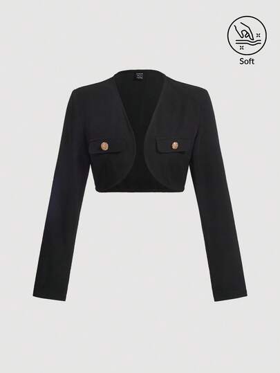 SHEIN MOD Solid Button Detail Crop Jacket In Fall/Winter, Winter, Elegant Jacket For Women, Casual For Women, Old Money Style, British Style, Casual Blazers For Women, Rich Woman, Vacation Women, Office Wear, Business Casual Jacket, Spring/Summer, Suitable For Work, Party, Holidays, Birthday, Festival, Everyday Wear