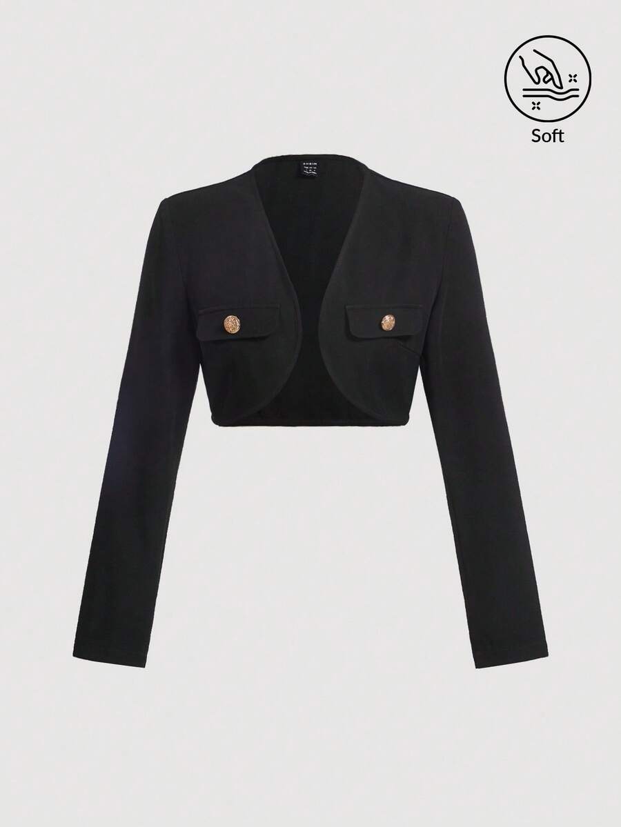 SHEIN MOD Solid Button Detail Crop Jacket In Fall/Winter, Winter Clothes, Outfit, Elegant Jacket For Women, Casual Outfit For Women, Old Money Style, British Style, Casual Blazers For Women, Rich Woman Clothes, Vacation Outfits Women, Office Wear, Business Casual Jacket, Spring/Summer Outfit,  Suitable For Work, Party , Holidays, Birthday, Festival, Everyday Wear - Black - View 1
