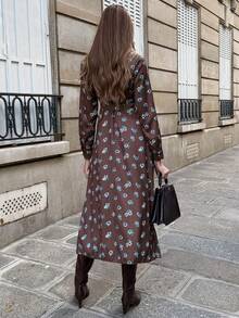 SHEIN PariChic 女士优雅碎花裹身系带长袖连衣裙，秋季 - 卡其色 - 查看 2