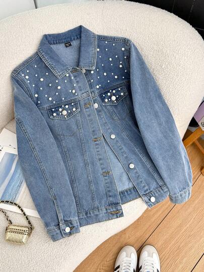 少女时尚休闲 Y2K 复古酷炫街头返校学院风白色串珠蓝色牛仔翻领长袖外套柔软日常穿着秋冬锐舞节和街头服饰