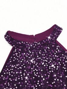 DreamSkyne Plus Size Women Sleeveless Patchwork Sequin Embellished Elegant Dress Maxi Women Outfit - Purple - View 5