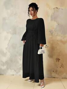 Roveilla Plus Size Women's Spring/Summer French Romantic Sicily Elegant Casual Commute Vacation Christmas Party Solid Brown Round Neck Ruched Waist Drawstring A-Line Elastic Waist Long Sleeve Maxi Dress Dress Modest Long Sleeve Formal Dress Black Church Dress Black Long Dress Elegant Black Maternity Dress