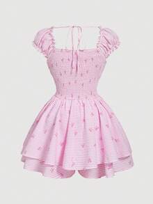 SHEIN MOD Váy liền quần cỡ lớn màu trắng trơn, viền bèo nhún, phần ngực xếp ly, gấu váy xếp tầng, tay ngắn, gấu váy đôi, váy dự tiệc dã ngoại, váy thắt nơ, váy dự tiệc trà, váy kẻ sọc hồng, váy nữ. - Màu Hồng baby - Xem 2