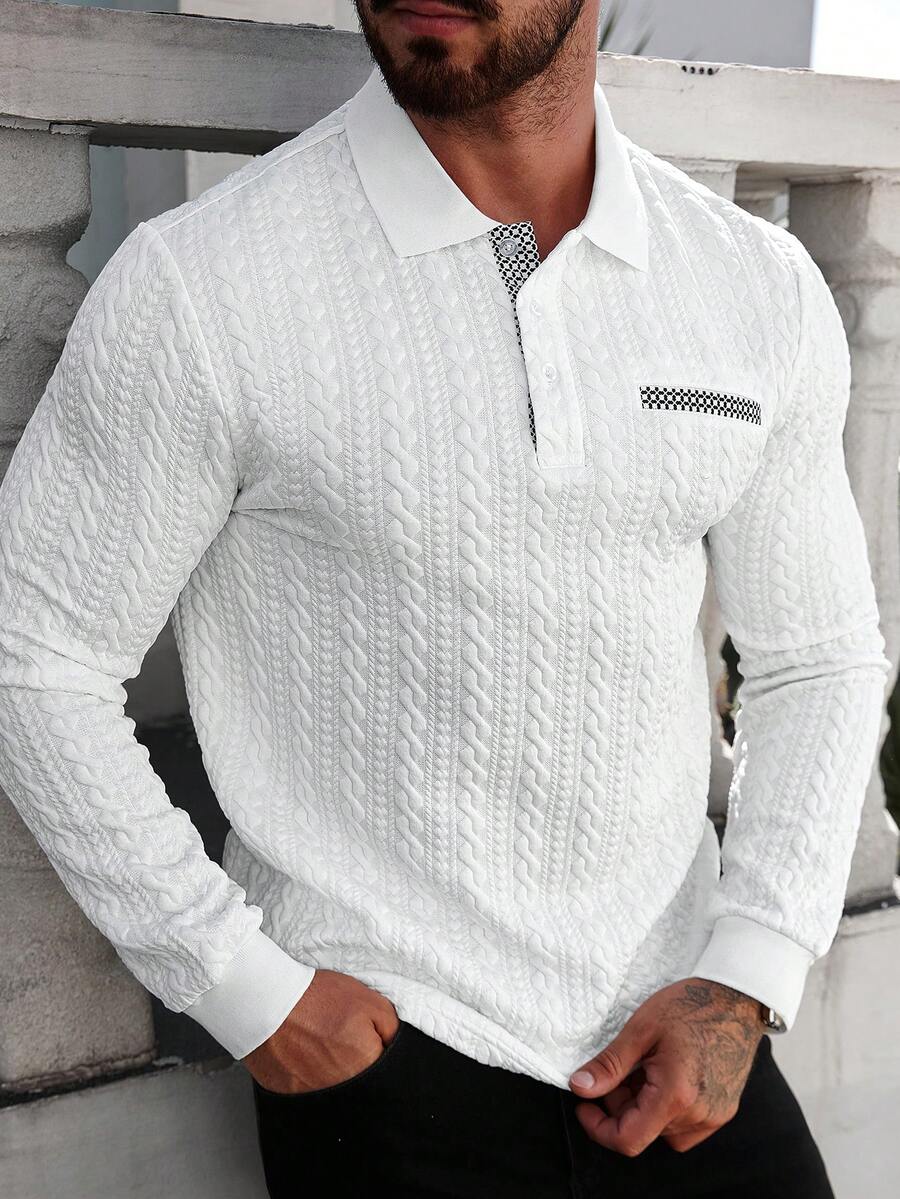 Manfinity Homme 男士格子印花麻花休闲长袖 Polo 衫 男士白色系带衬衫 男士白色长袖 Polo 衫 - 白色 - 查看 1