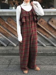 FRIFUL Women's Sleeveless Layered Ruffle Plaid Wide Leg Jumpsuit, Thick Warm Lining For Autumn/Winter Romper - Brown - View 5