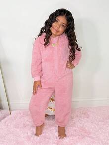Young Girls' Casual Cute Daily & Holiday Embroidered Fleece Jumpsuit - Pink - View 4