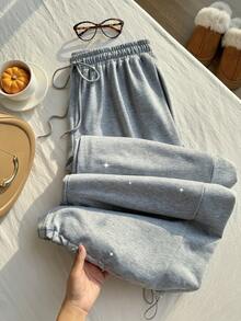 SHEIN EZwear 大码纯色休闲抽绳裤 - 灰色 - 查看 1