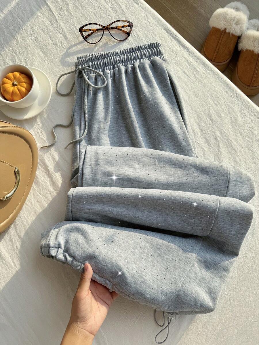 SHEIN EZwear 大码纯色休闲抽绳裤 - 灰色 - 查看 1