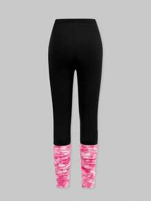 SHEIN Explorewe 2pcs Set Tween Girl Fuchsia Round Neck Portrait Print Top And Leggings, Plus Size - Hot Pink - View 6