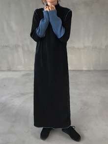 FRIFUL Gaun Wanita Lengan Panjang Kerah Tinggi dengan Blok Warna, Kain Bertekstur Ribbed, Gaun Kasual Longgar, Cocok untuk Gaun Maxi Musim Gugur/Musim Dingin - Hitam - View 3