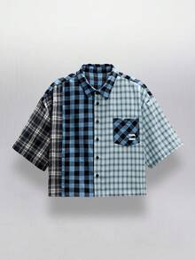 NEON BLANC Men's Plaid Simple Casual Short Sleeve Shirt - Blue - View 1
