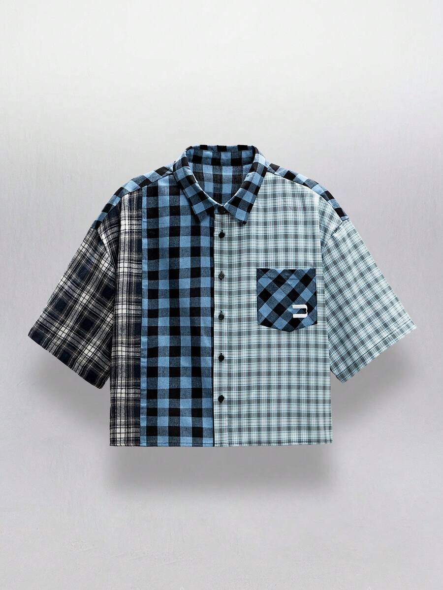 NEON BLANC Men's Plaid Simple Casual Short Sleeve Shirt - Blue - View 1