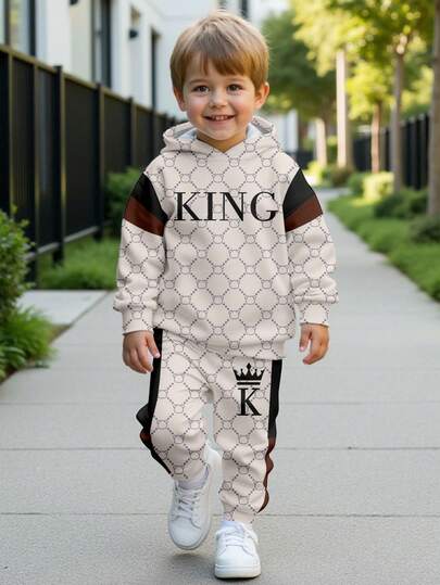 SHEIN 2pcs/Set Young Boy Loose Casual Letter Graphic Comfortable Long Sleeve Hoodie And Sweatpants Set, Suitable For Autumn/Winter
