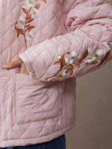WESTFADE Open Front Floral Embroidered Long Sleeve Boxy Quilted Jacket Fall, Autumn, Winter, Christmas, Holiday, NYE, New Years, Boho, Casual - Pink - View 6