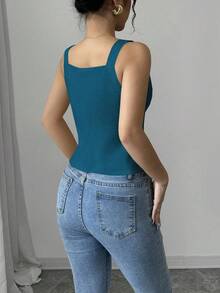 Elenzga Solid Color Front Button Fitted V-Neck Elegant Fashion Top - Blue - View 2