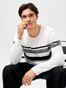 RONVEXI Men's Casual Colorblock Striped Sweater, Autumn/Winter, Long Sleeve Top - White - View 6