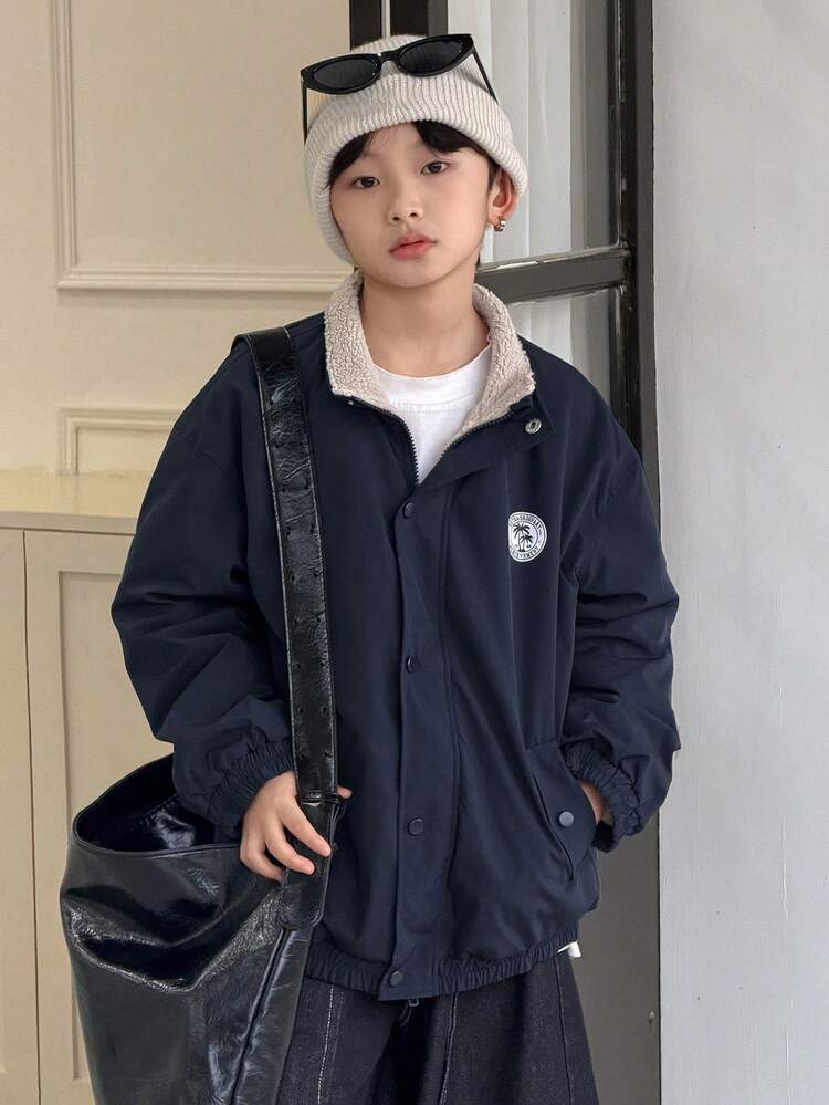 Tween Boy Letter & Palm Tree Print Long Sleeve Thermal Lined Casual Loose Jacket, Autumn/Winter