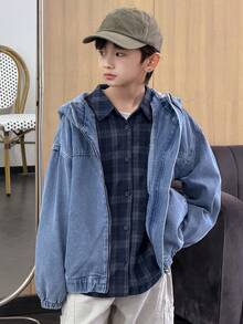 Dazy Kids Tween Boys' Loose Casual Plaid Shirt, Autumn - Navy Blue - View 8