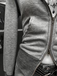 StreetHx 女士街头风保暖连帽拉链卫衣，长袖，秋冬款 - 灰色 - 查看 6