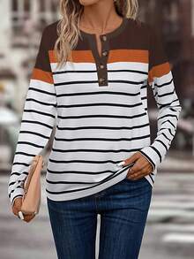 SHEIN LUNE Women Casual Striped Print Contrast Color Half-Button Cardigan Long Sleeve T-Shirt, Spring & Autumn Graphic Tees Women Tops For Spring - Multicolor - View 6