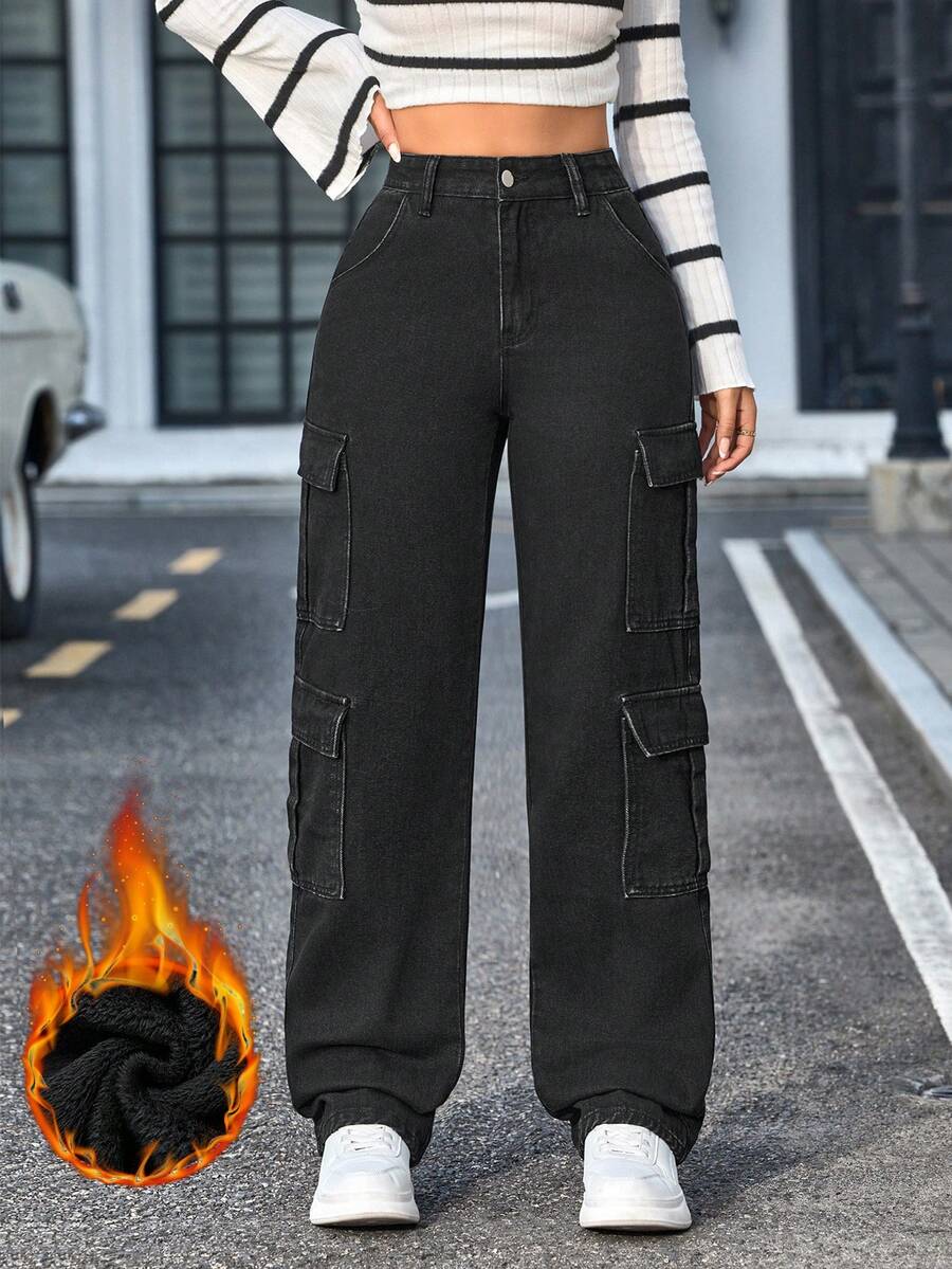 SHEIN Tall Women's Solid Color Minimalist Everyday Pocket Denim Jeans - Black - View 1