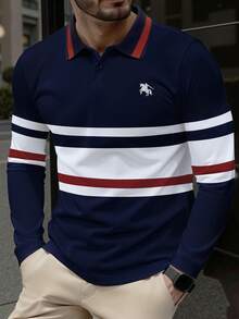 Manfinity Mode Men's Fashion British Style Top, Casual Polo Shirt Polo Shirt For Men - Navy Blue - View 4