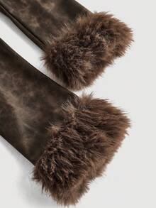 SHEIN MOD Brown PU Patchwork Fuzzy Cropped Jacket,Winter Women Coat,Warm Clothes,Leather Jacket,New Years Eve Outfit,Holiday Outfits, New Year - Brown - View 5