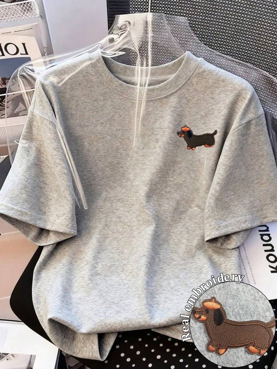 Resyla 女士小狗刺绣圆领灰色短袖标准尺码T恤 - 灰色 - 查看 1