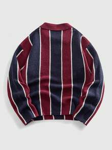 ROMWE MEN Street Life Men's Preppy Retro Collared Football Inspired Knit Sweater, Streetwear Style - Burgundy - View 2