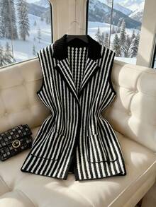 Lyxana 女士优雅休闲 V 领口袋竖条纹针织开衫背心 - 灰色 - 查看 3