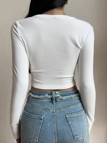 SHEIN BASICS 2 chiếc áo thun ngắn tay dài cổ tròn dệt kim trơn dành cho nữ, vải ấm nâng cấp, lót nhiệt mà không cồng kềnh, áo thun co giãn cơ bản đa năng cho mùa thu đông dành cho nữ - Màu xanh lam - Xem 2