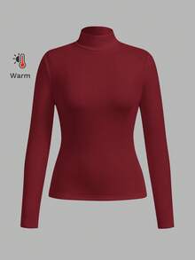 SHEIN BASICS 秋冬季基础款高领修身长袖纯色女式上衣，升级保暖内衬面料，时尚休闲舒适，百搭不臃肿，红色上衣，圣诞节，女士红色上衣，酒红色上衣 - 酒紅色 - 查看 8