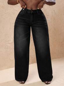 Slaydiva Plus Size Women Denim Wide Leg Pants With Heart Pockets - Dark Grey - View 5