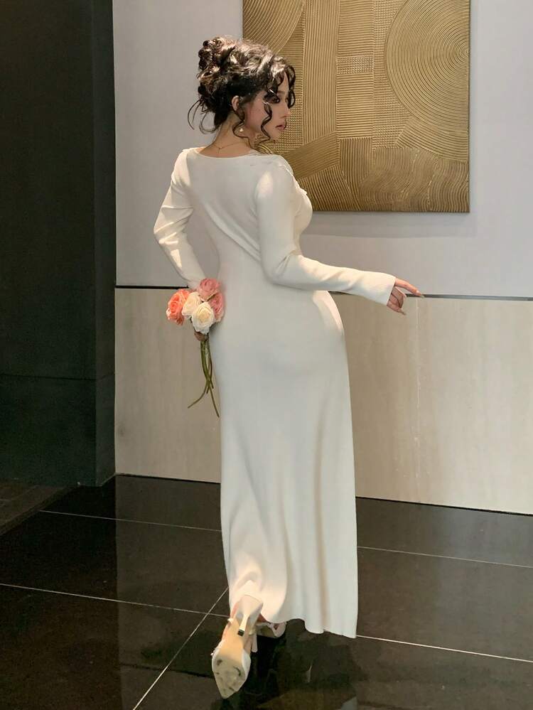 Lace Patchwork Elegant Fitted Midi Sweater Dress, Suitable For New Year, Christmas, Wedding, Party, Fashion Events