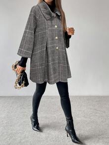 LanaWest Women's Grey Traceable Plaid Fabric High Collar Dropped Shoulder Metal Button Design Loose Hem 3/4 Sleeve Elegant Classy Thanksgiving Halloween Streetwear Casual Boho Autumn/Winter New Fashion Versatile Loose Woolen Jacket - Multicolor - View 3