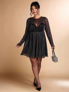 Cravure 大码女式秋冬闪光 A 字型派对连衣裙，适合宴会、聚会、派对 - 黑色 - 查看 3