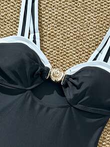 Swim Chiccia Women's Vacation Party Beach Mesh Fabric Black & White One Piece Swimsuit Push Up One Piece Swimsuit Black Bathing Suit Women Bikini One Piece Black And White Swimsuit - Black and White - View 4