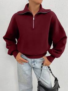 EURMUSE Sudadera oversize de 100% algodón con cuello con cremallera y estampado - Burdeos - Ver 5